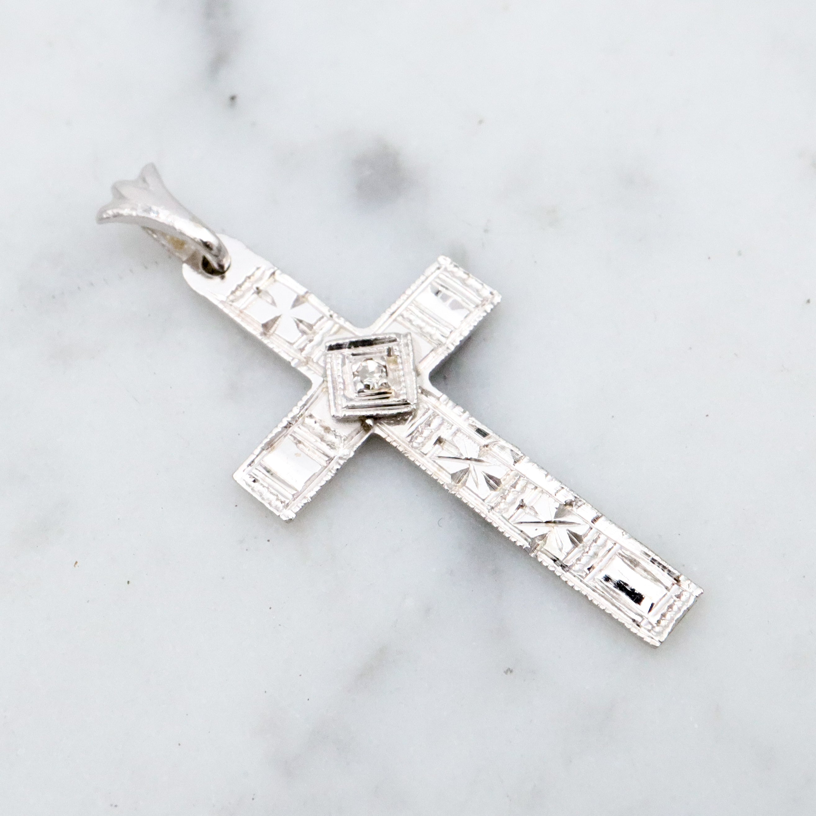 Antique Art Deco 14k white gold engraved cross pendant with old mine cut diamond